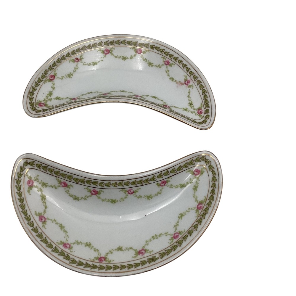 MZ Austria‎ Crescent Bone China Side Dishes Pink Rose Garland Gold Trim Set of 2